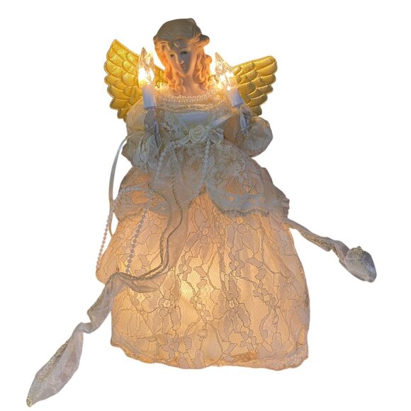 Vtg Light-Up Angel Tree Topper Gold Wings & Lace Dress 10.5” Lights - Picture 1 of 9